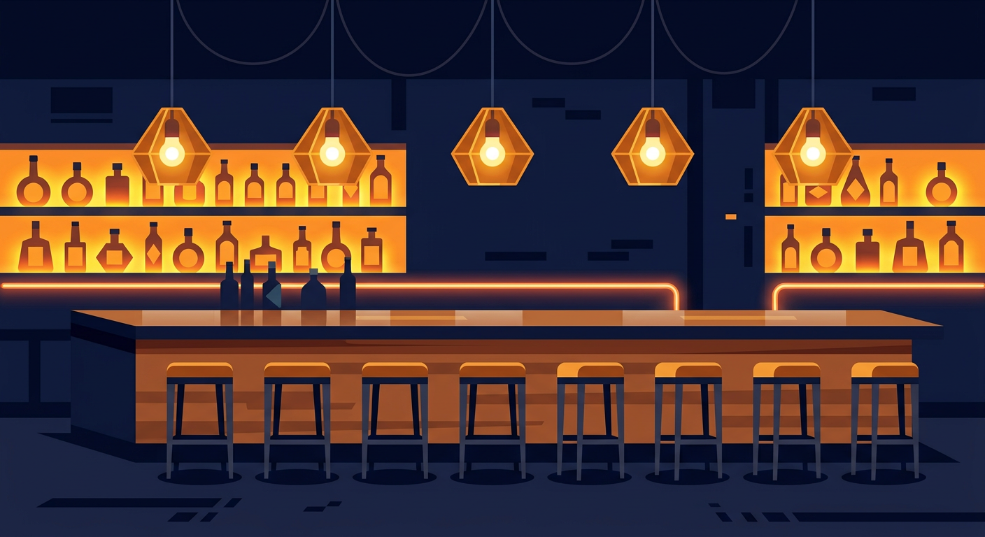 Illustration of a long bar counter with stools and glowing liquor shelves