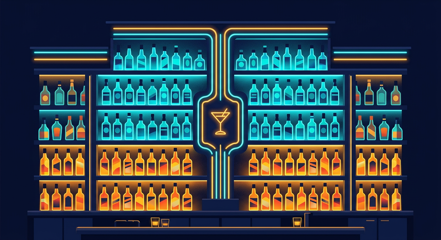 Illustration of back bar shelves lined with spirits under colorful neon light