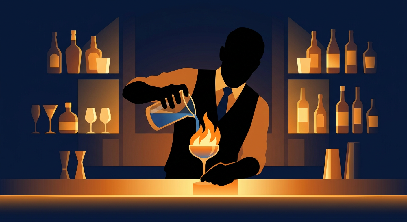 Illustration of a bartender pouring a cocktail with flames and warm bar lighting