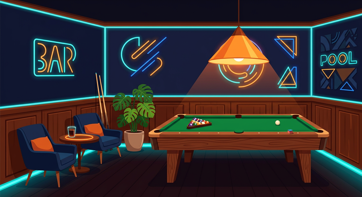 Illustration of a pool table and dartboard in a private lounge