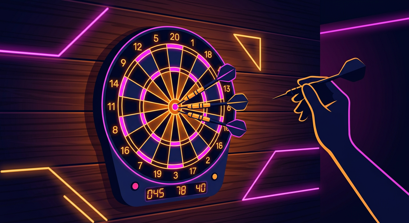 Illustration of guests playing darts at a lit-up dartboard inside PLAY
