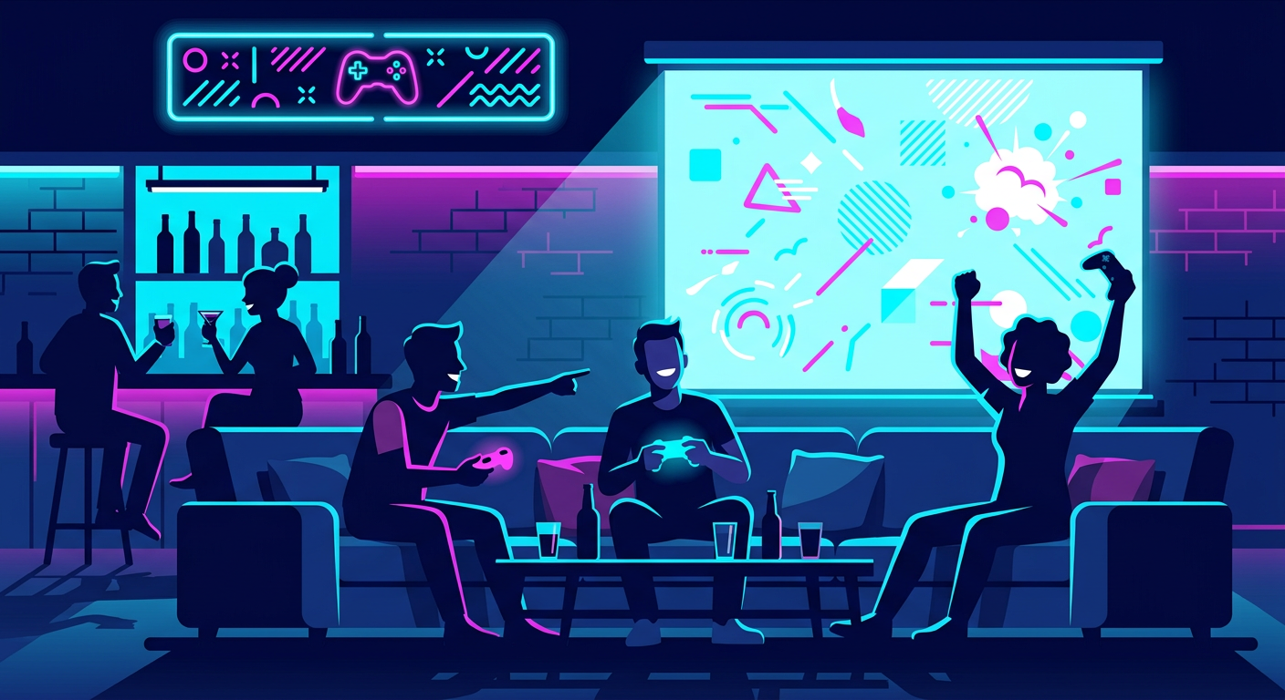 Illustration of friends playing a video game on a large projector screen inside PLAY