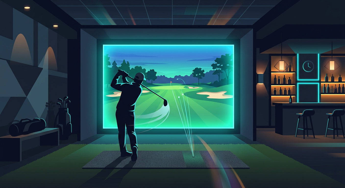 Illustration of a golf simulator room with a large fairway screen and moody lighting