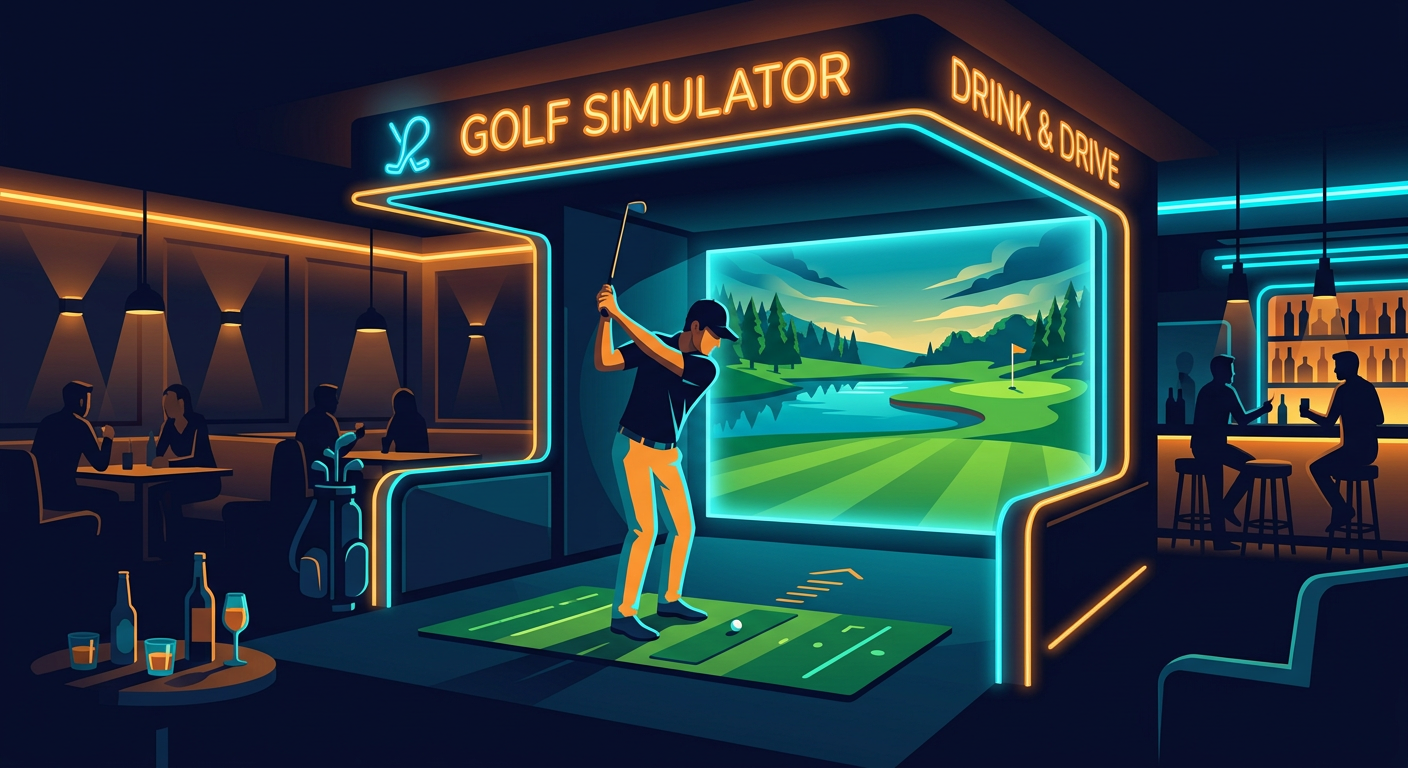 Illustration of a golf simulator bay with putting mat and blue LED lighting