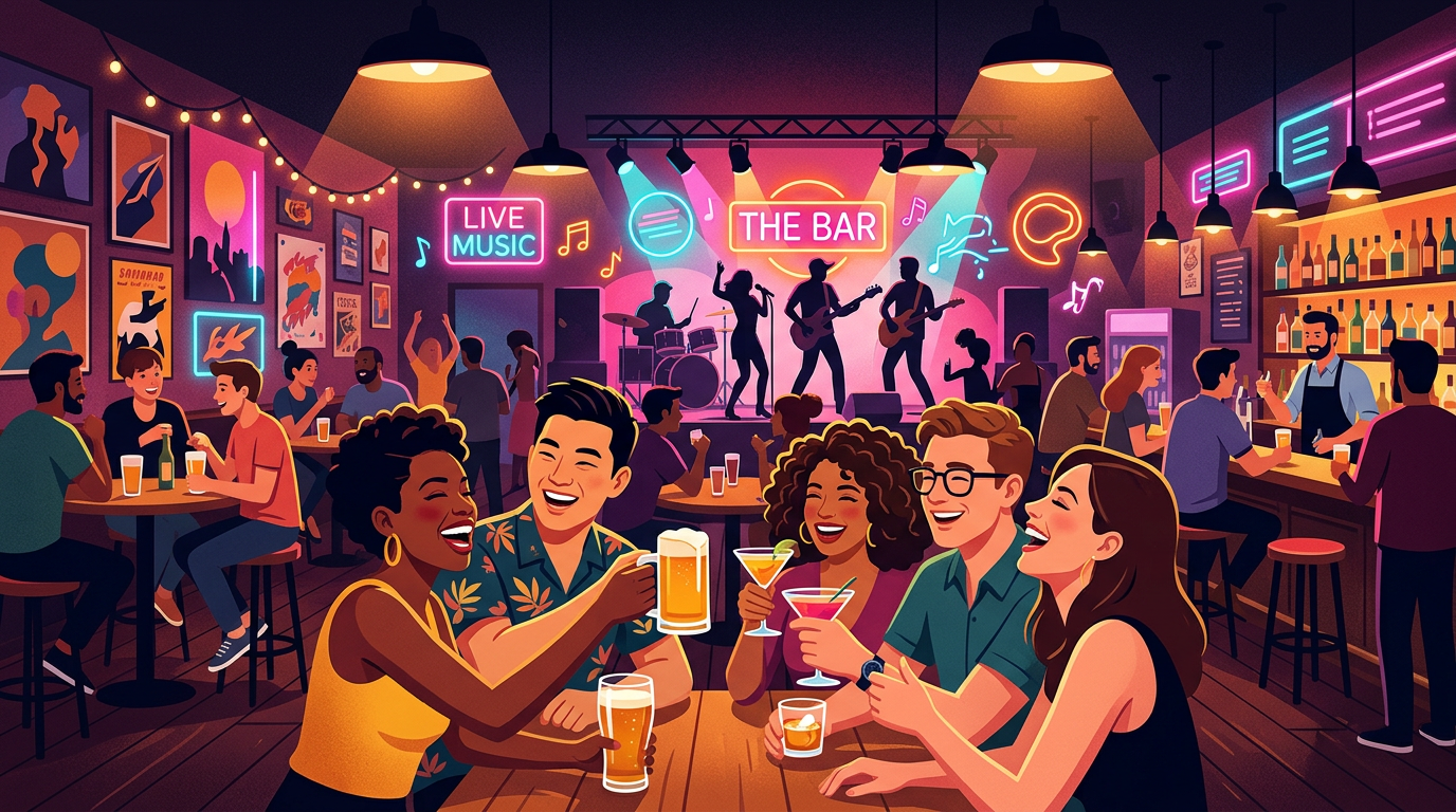 Illustration of guests enjoying live music and neon lights inside PLAY entertainment bar
