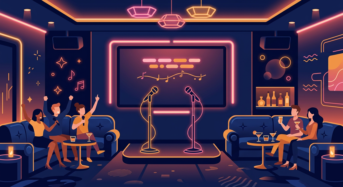 Illustration of a karaoke lounge with a large screen, microphones, and leather sofa seating