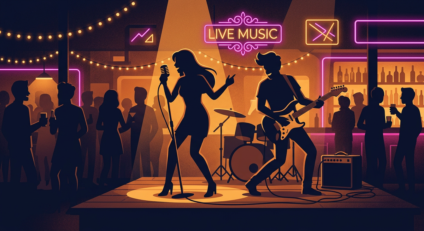 Illustration of a live band performing on a small stage at the Music Bar with warm amber lighting
