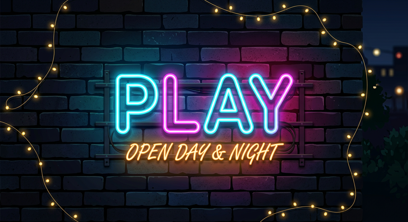 Illustration of a glowing neon sign inviting guests to play day and night