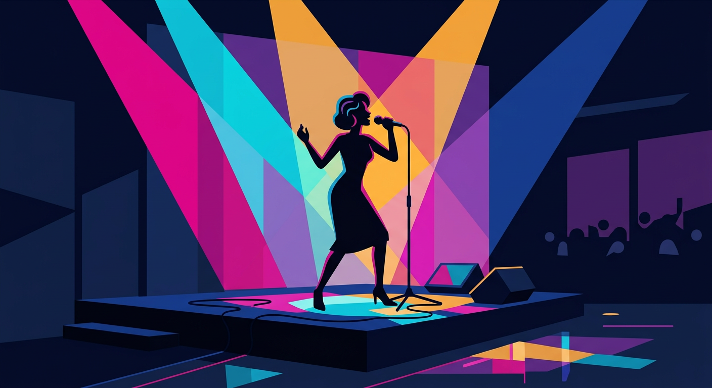 Illustration of a singer performing on stage under colorful stage lights