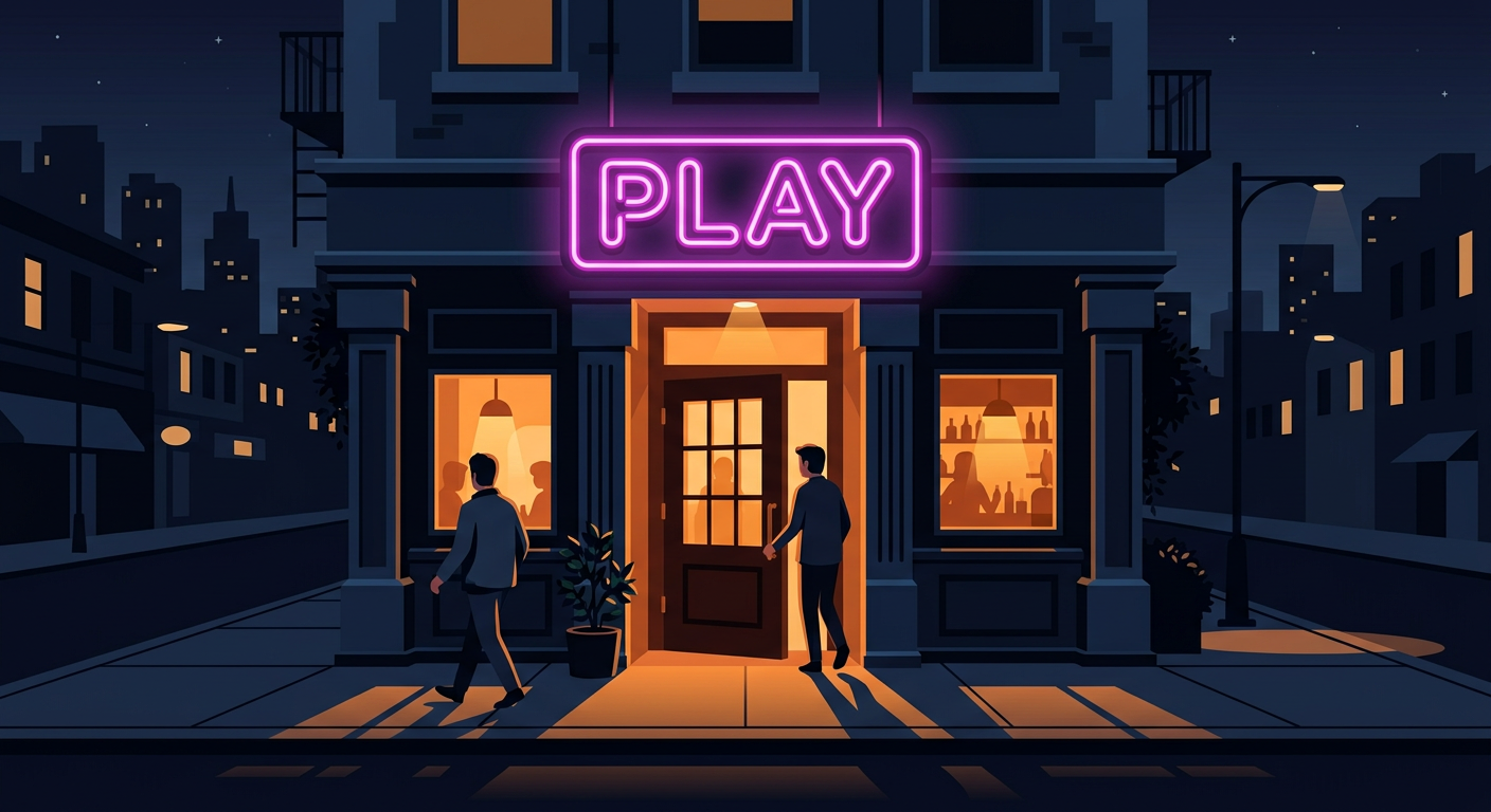 Illustration of the PLAY storefront entrance lit up with neon signage at night